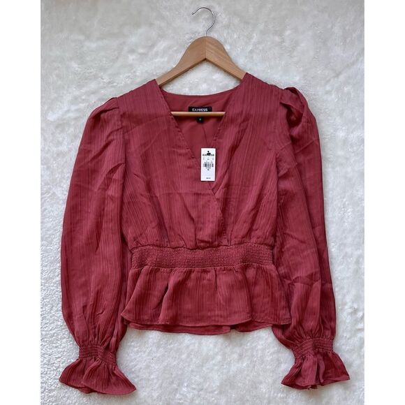 NWT Express Textured Satin Smocked Peplum Top - Picture 2 of 15